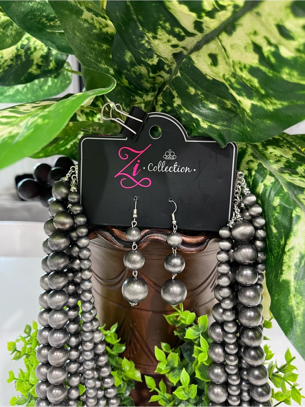 Zi COLLECTION Gunmetal Beaded Multi-Strand Necklace with Earrings - Picture 6 of 6